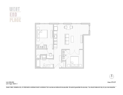 Floor plan for 2 beds, 1 bath, 879 sqft